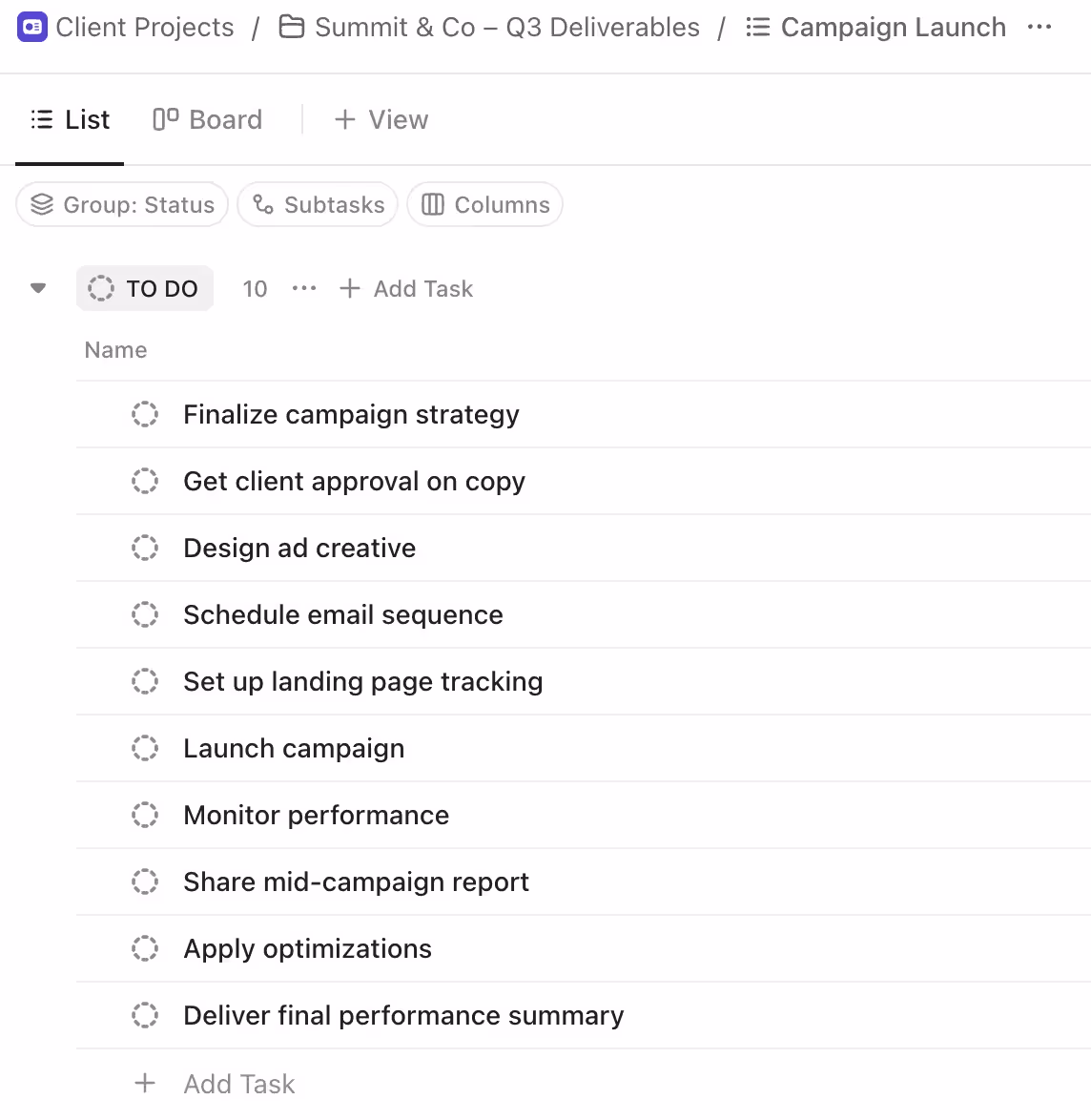 Sample campaign task list inside ClickUp