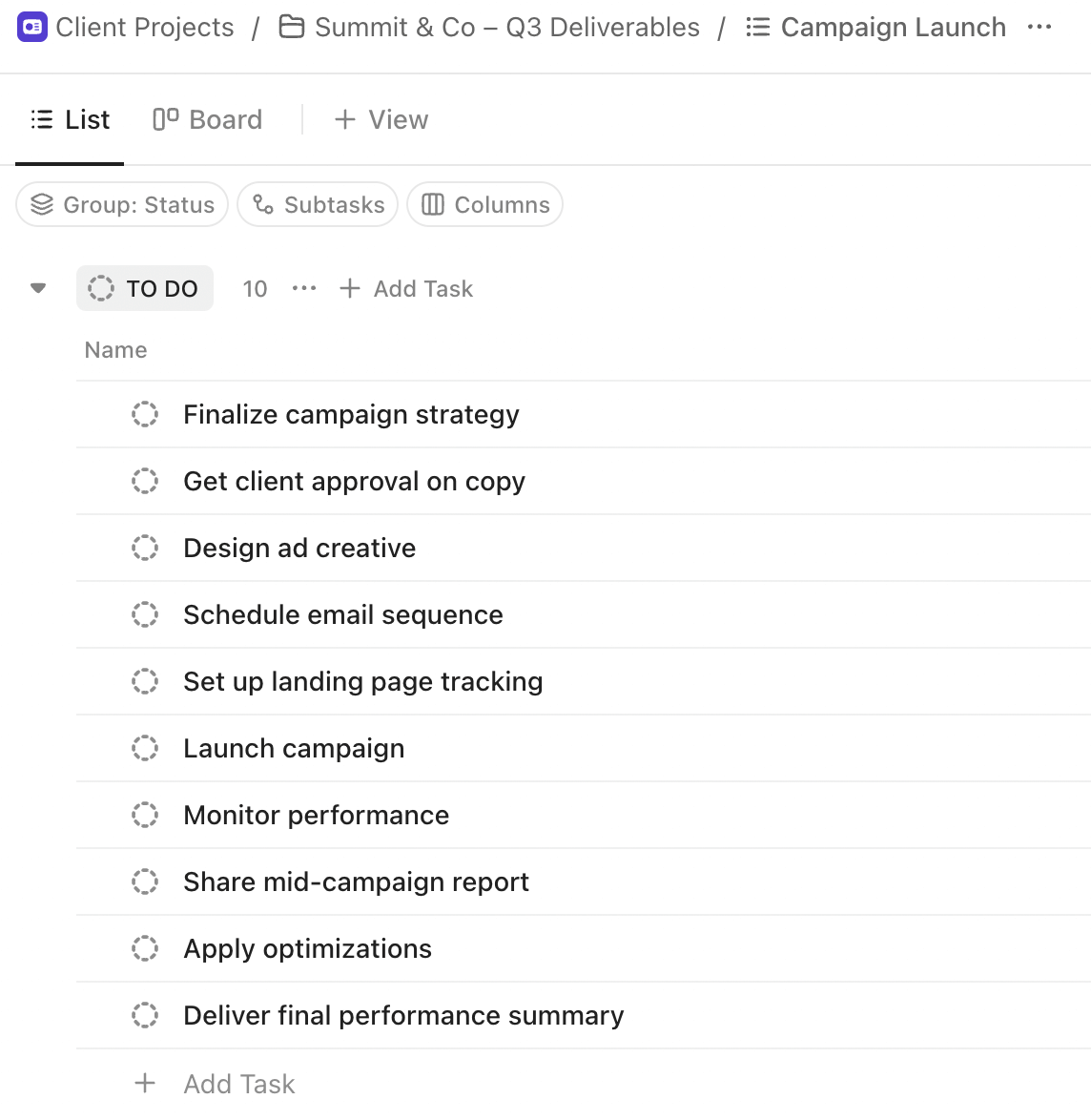 Sample campaign task list inside ClickUp