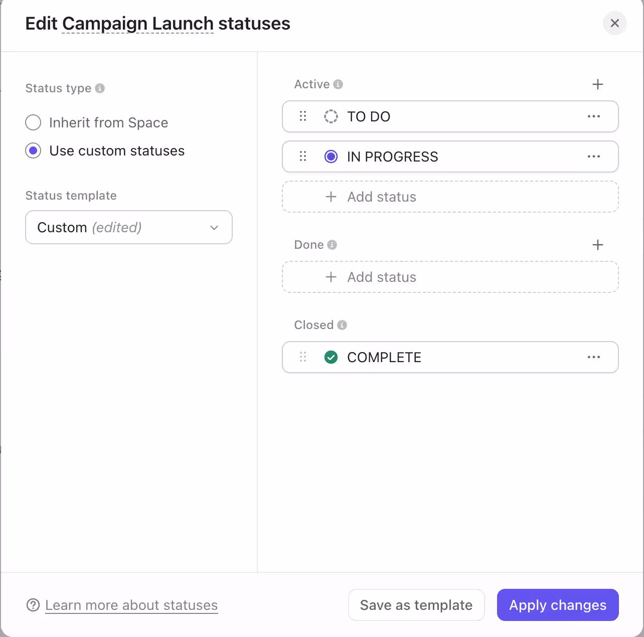 Customizing status stages in ClickUp