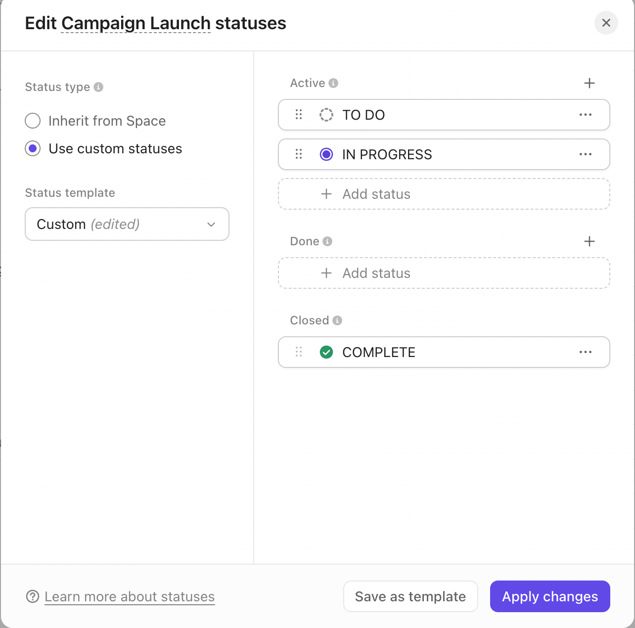 Customizing status stages in ClickUp