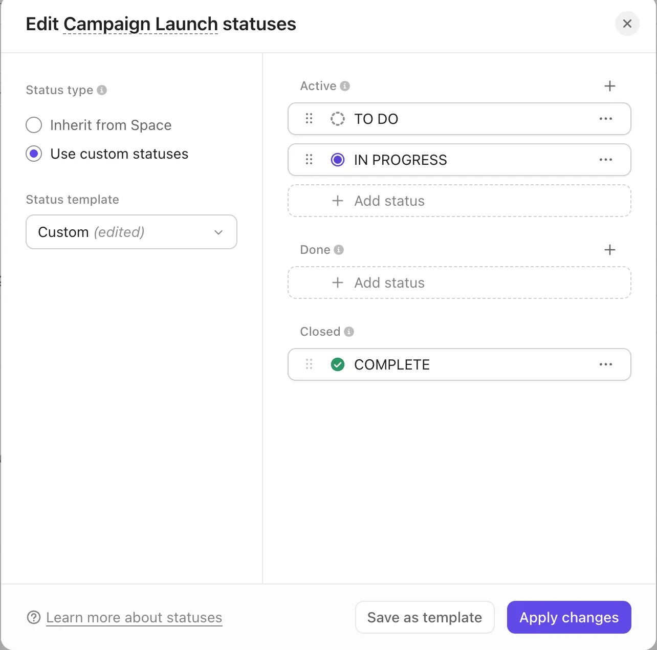 Customizing status stages in ClickUp