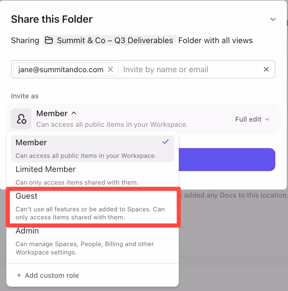 Selecting the Guest role when inviting a client in ClickUp