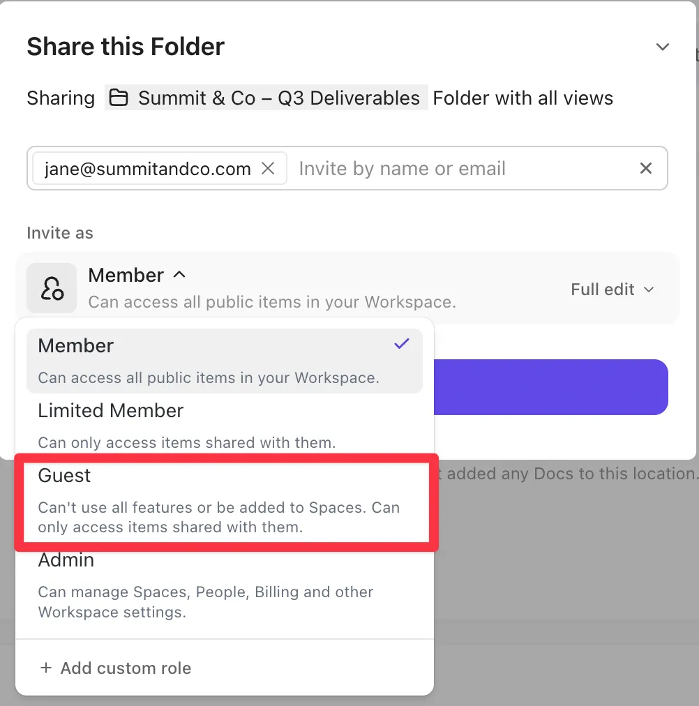Selecting the Guest role when inviting a client in ClickUp