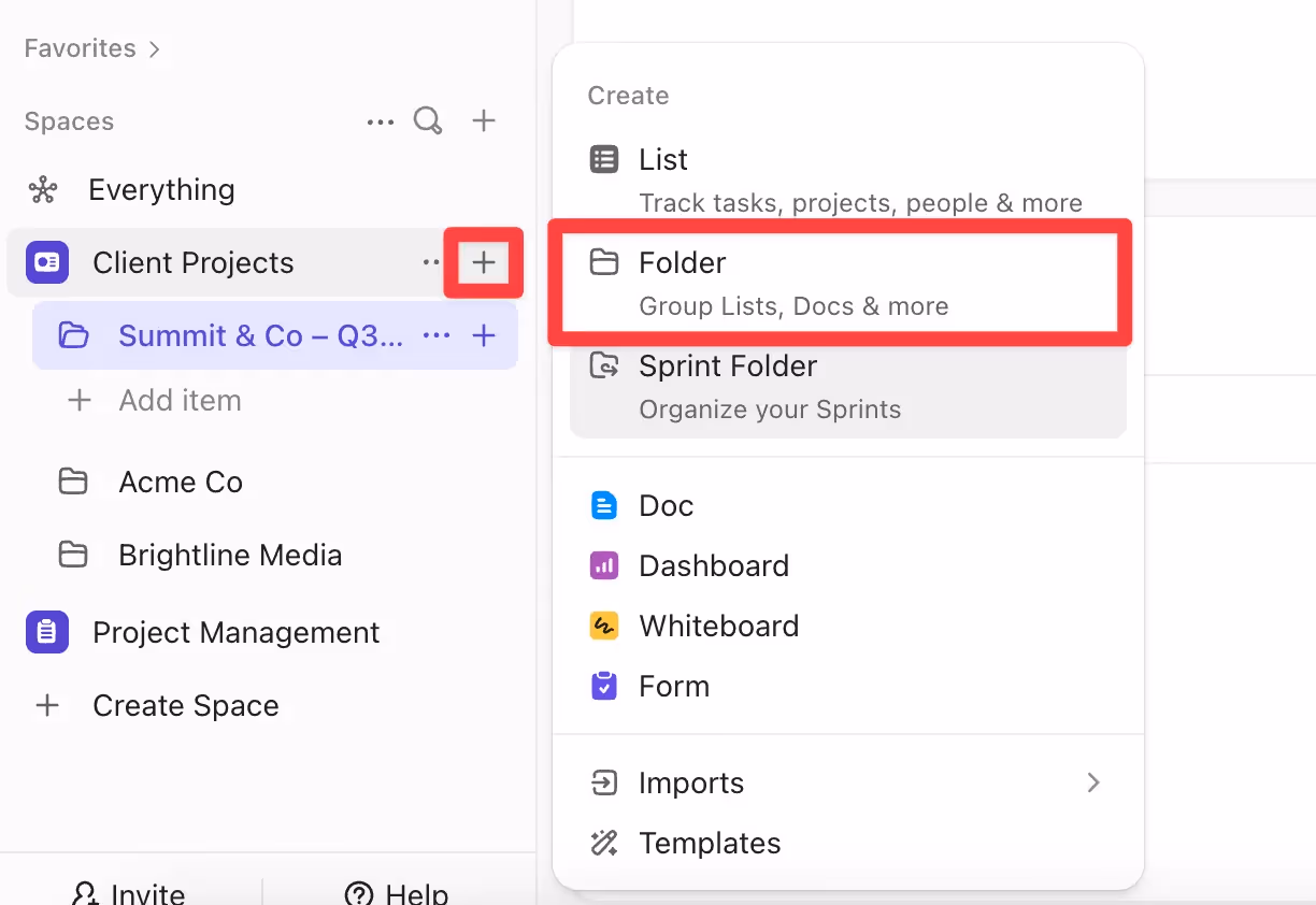Creating a new folder under a Space