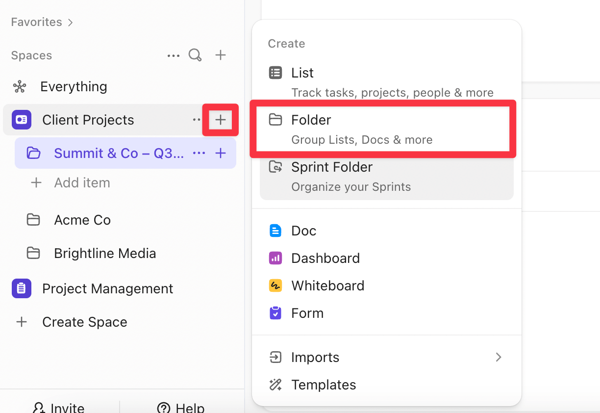 Creating a new folder under a Space