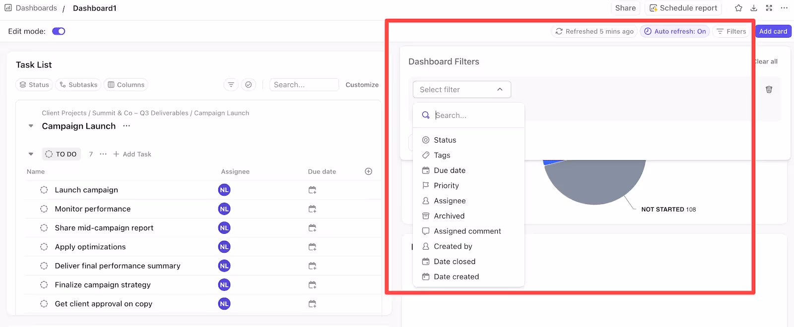 Apply filters to a ClickUp dashboard