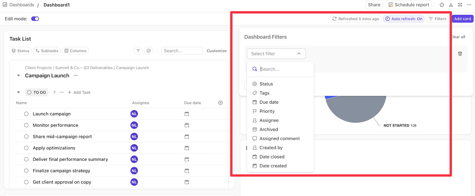 Apply filters to a ClickUp dashboard