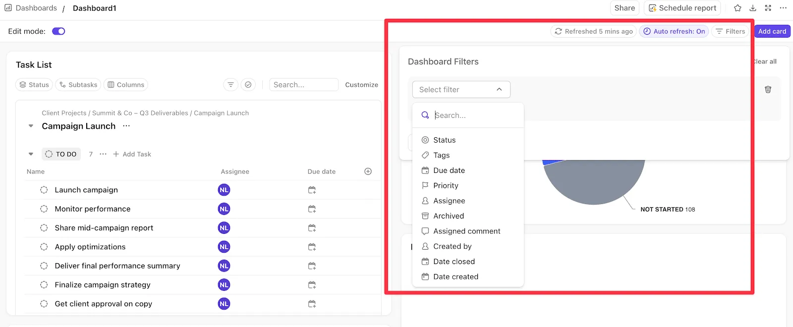 Apply filters to a ClickUp dashboard