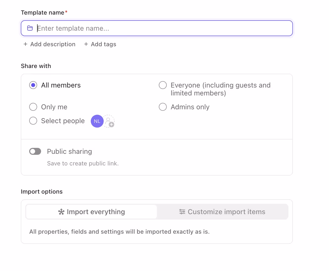 New template settings