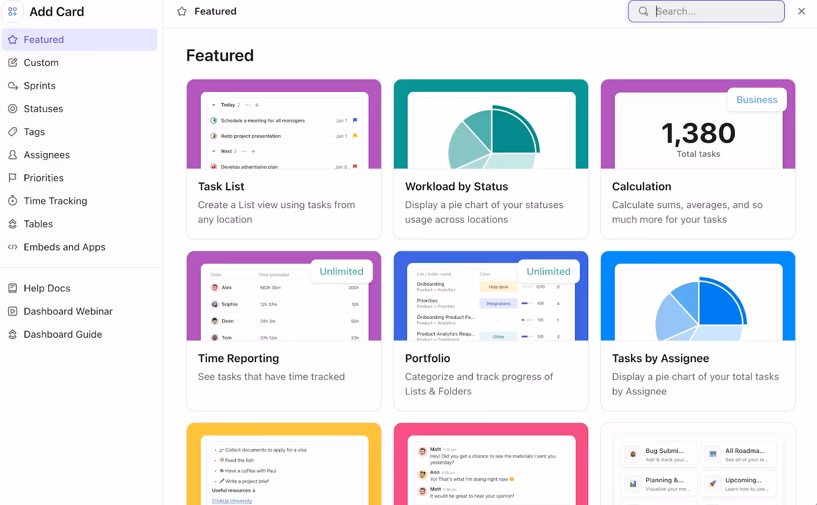 Add cards to your ClickUp dashboard