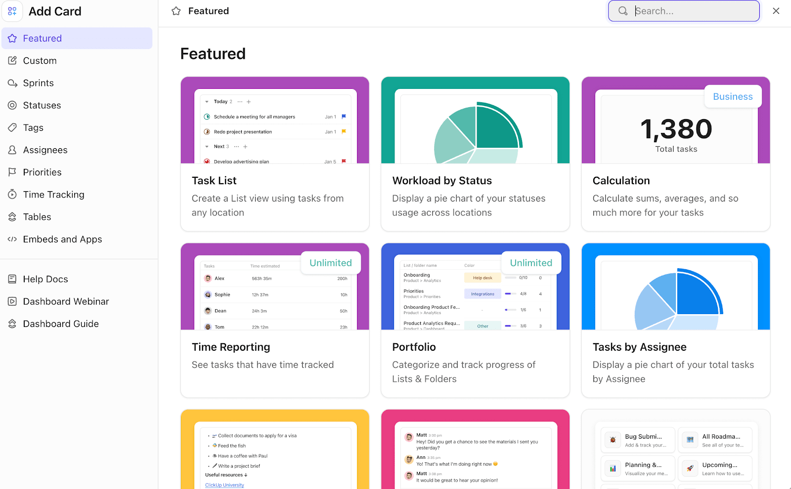 Add cards to your ClickUp dashboard