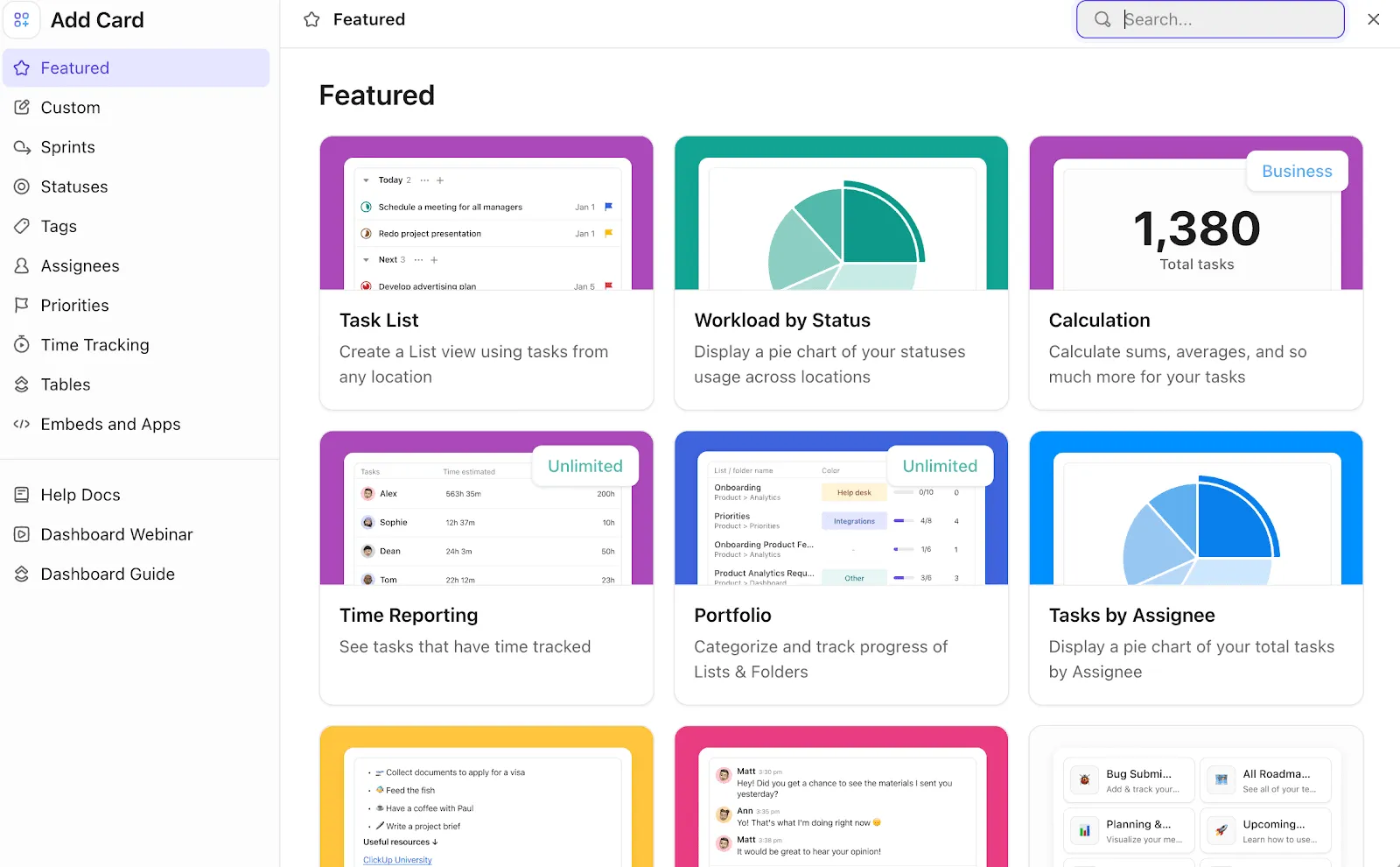 Add cards to your ClickUp dashboard