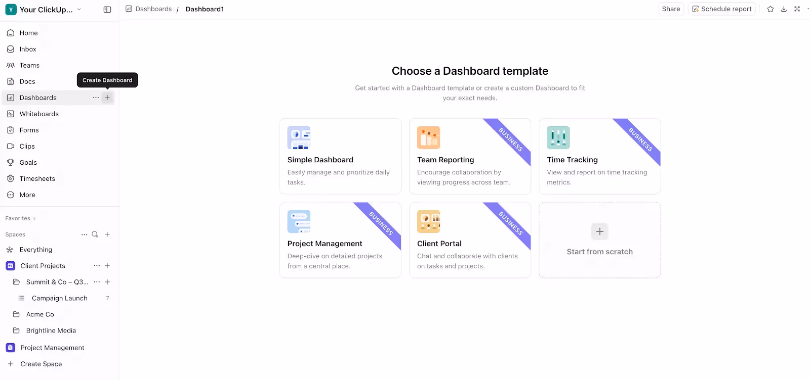 Choosing a dashboard template in ClickUp
