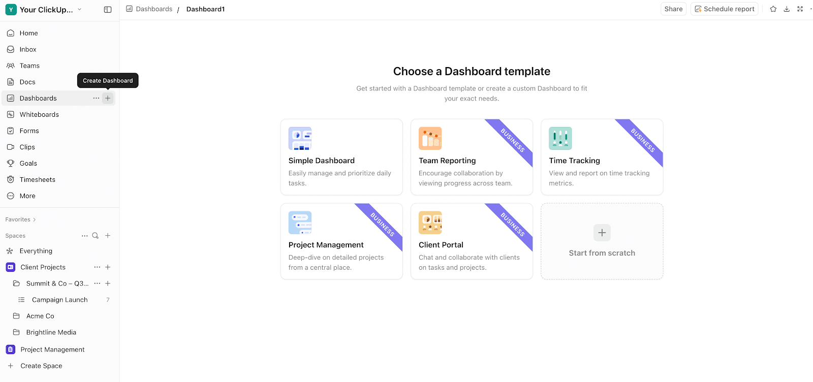 Choosing a dashboard template in ClickUp