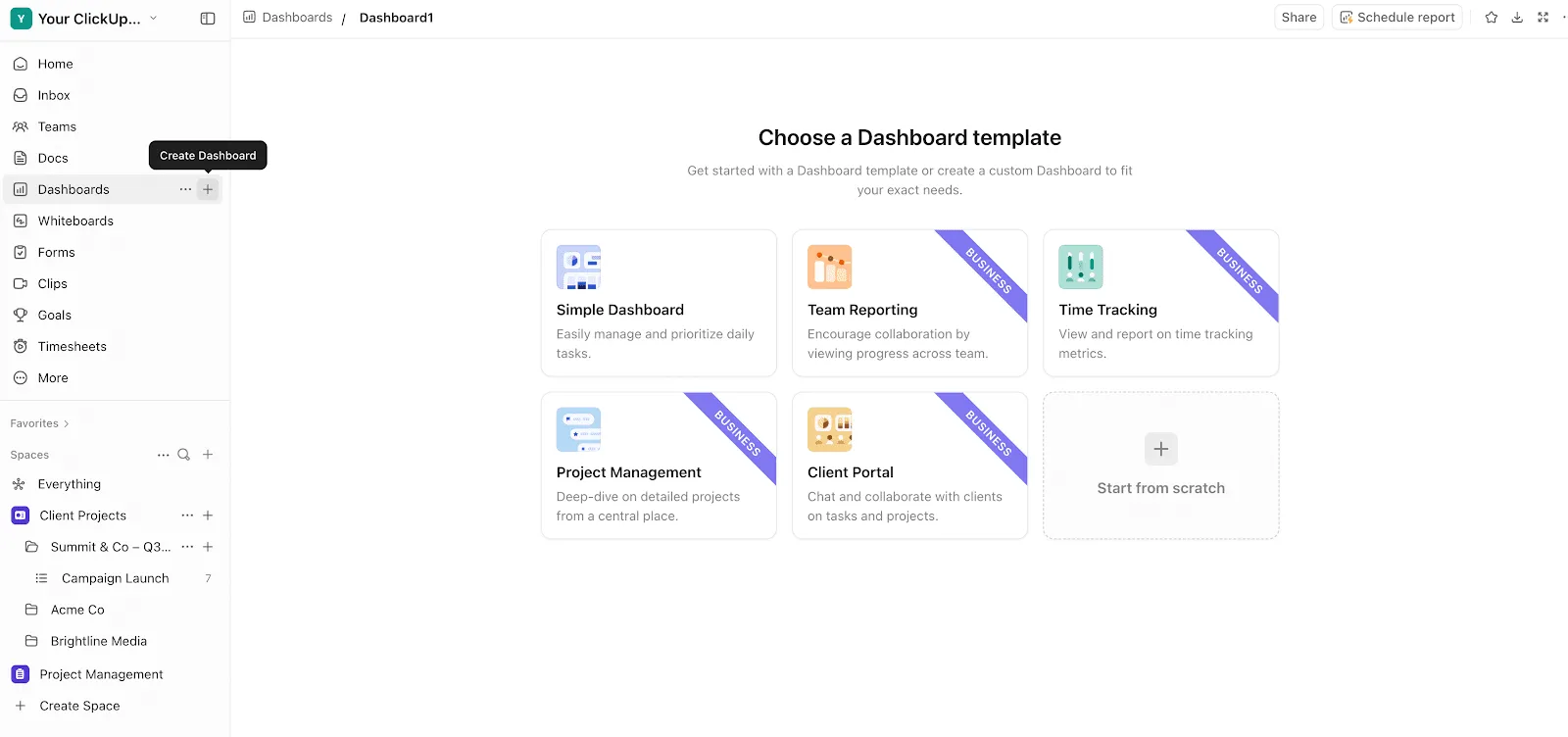Choosing a dashboard template in ClickUp