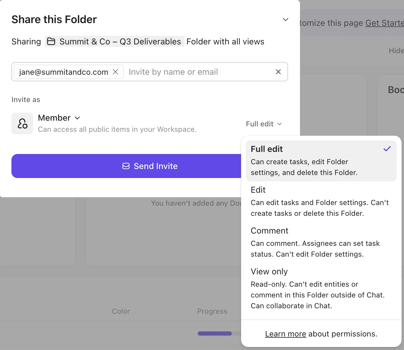 ClickUp folder sharing permissions and roles