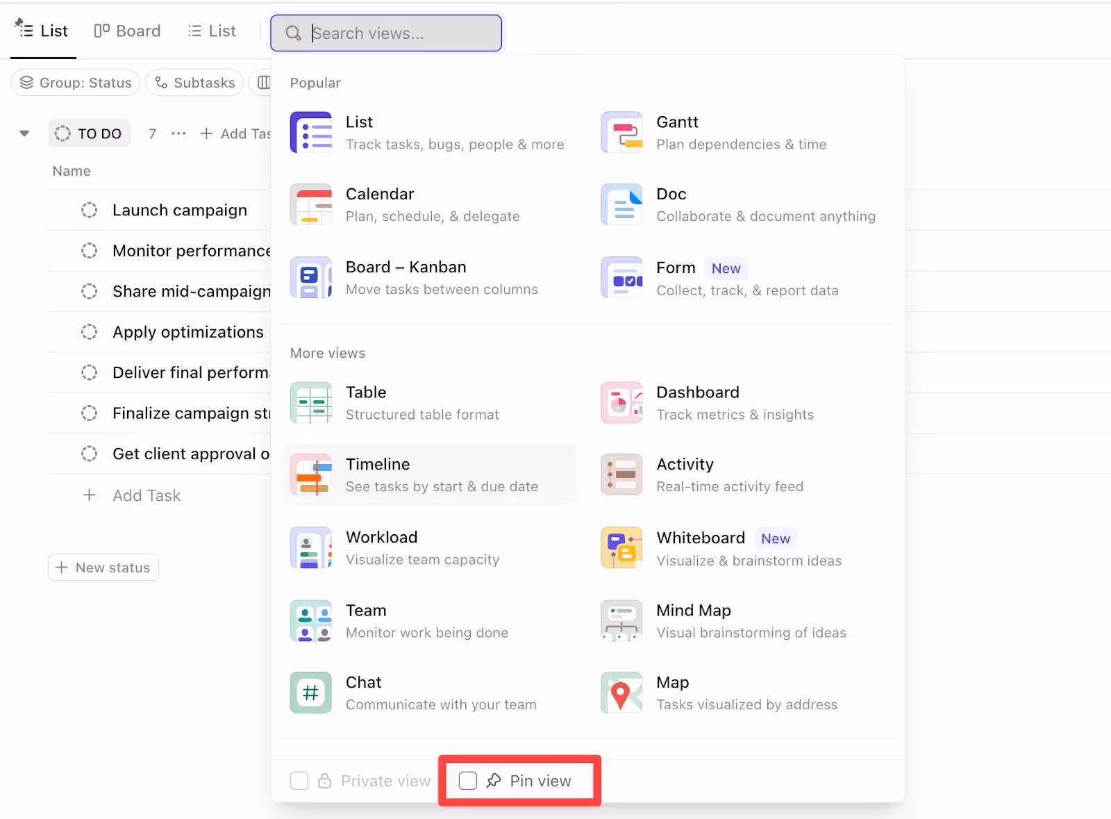 Pinning a view in ClickUp for client visibility