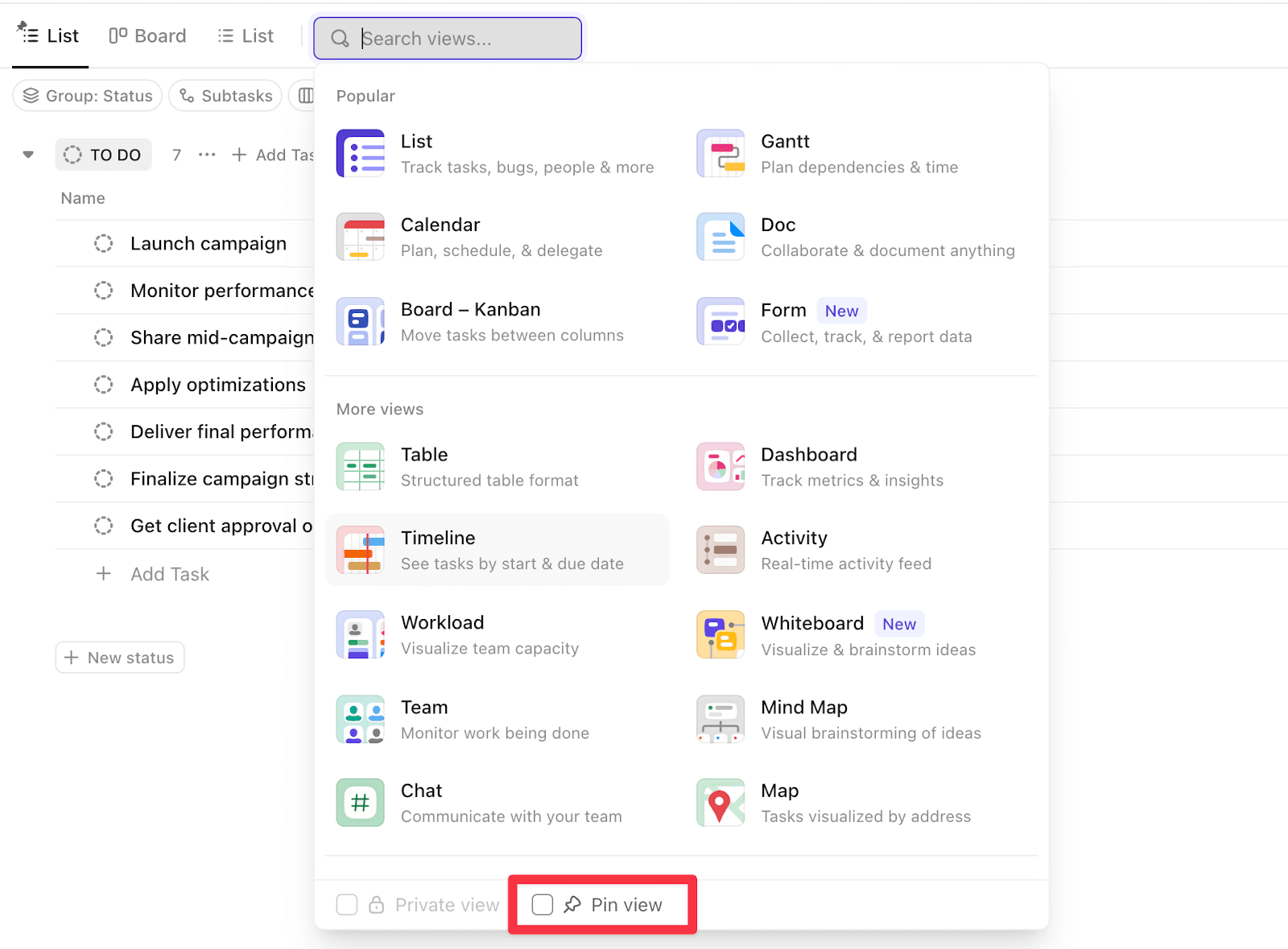 Pinning a view in ClickUp for client visibility