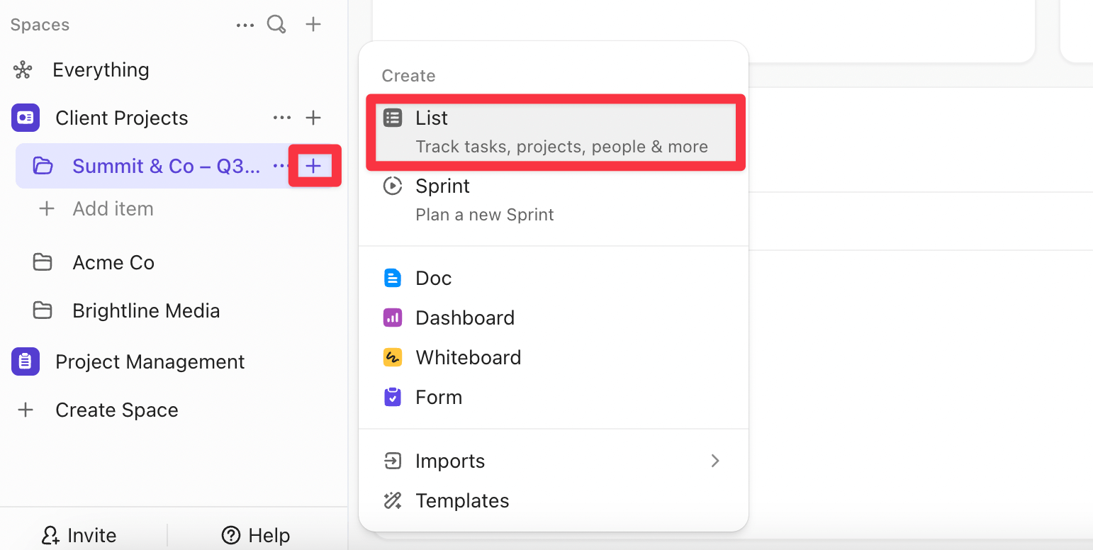 Creating a new list inside a client folder in ClickUp