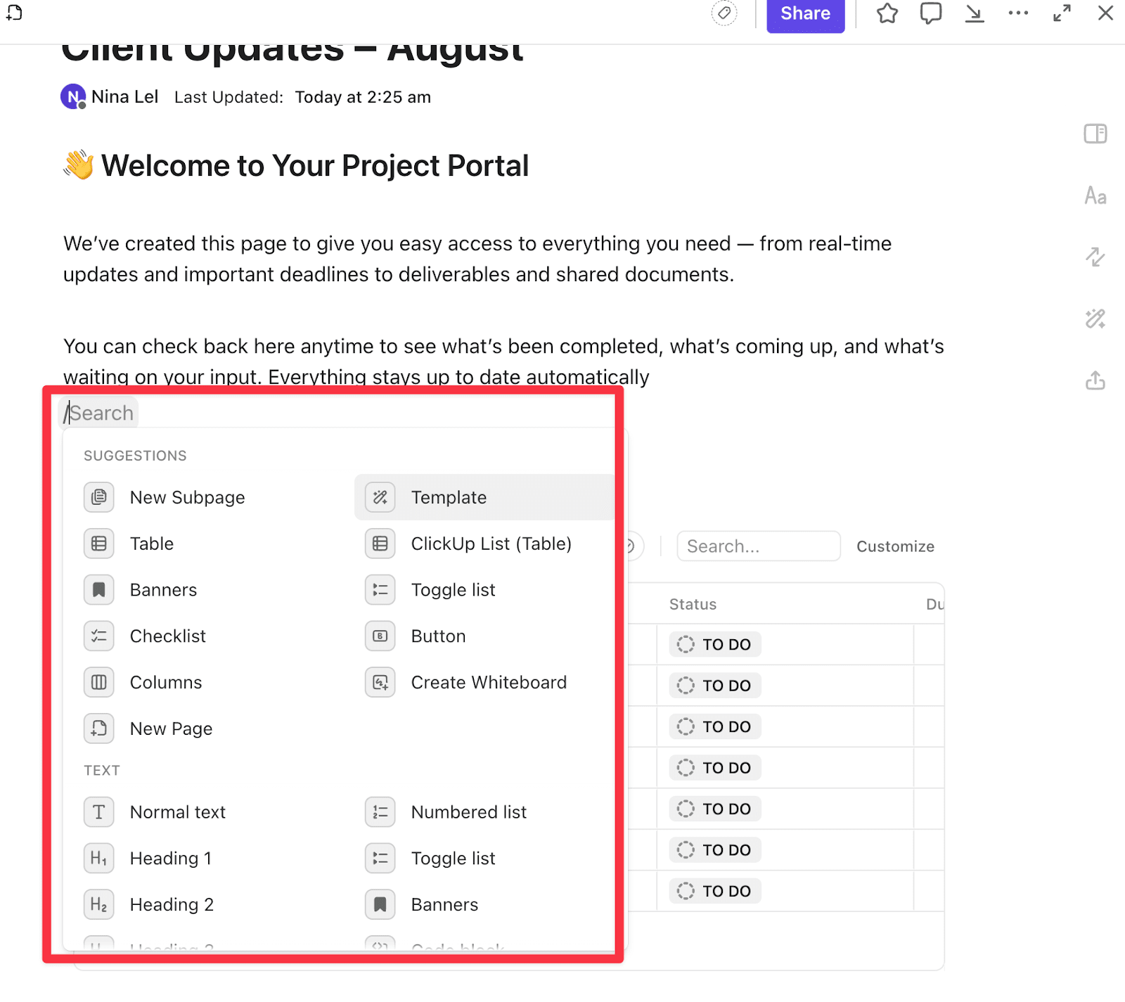 Formatting options inside a ClickUp Doc