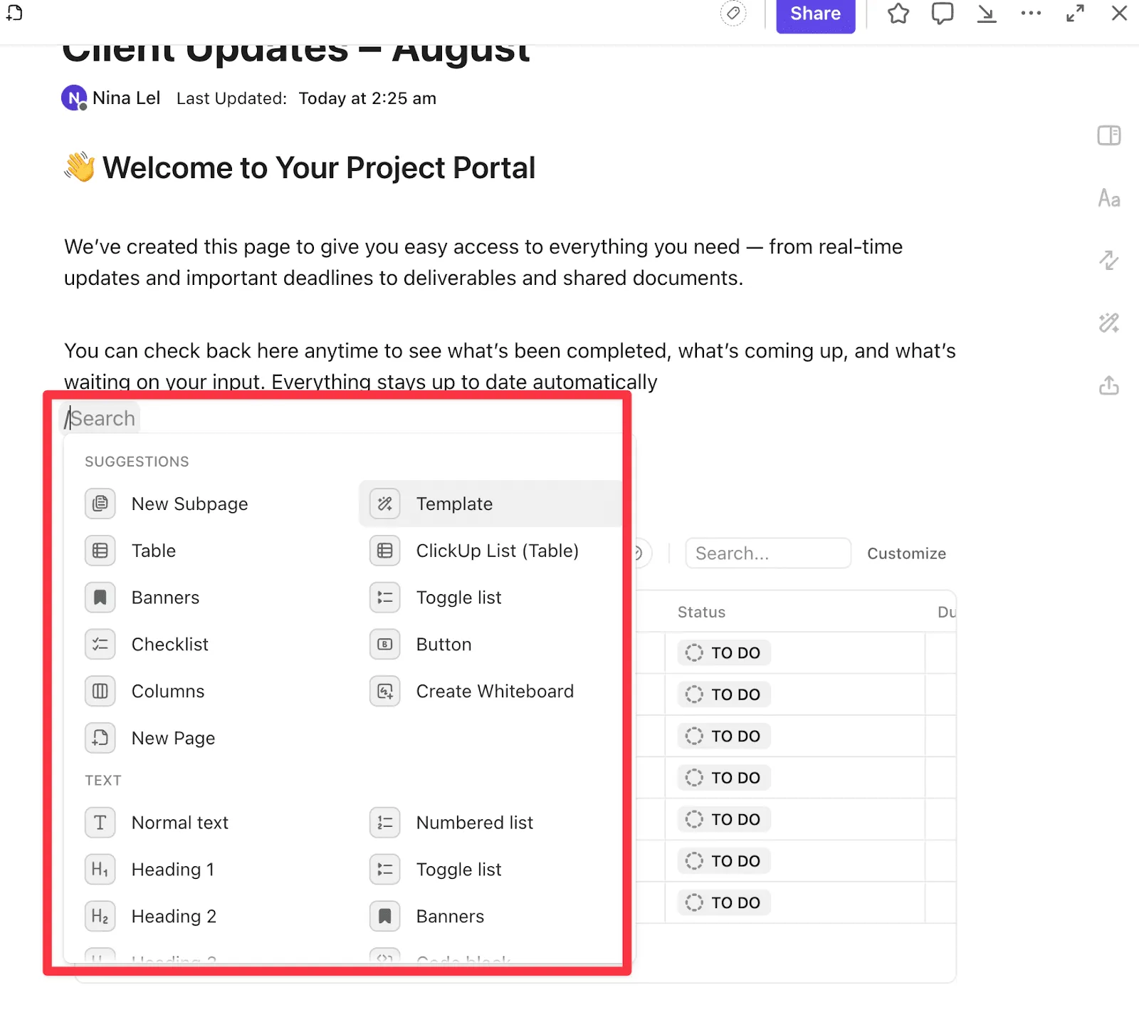 Formatting options inside a ClickUp Doc