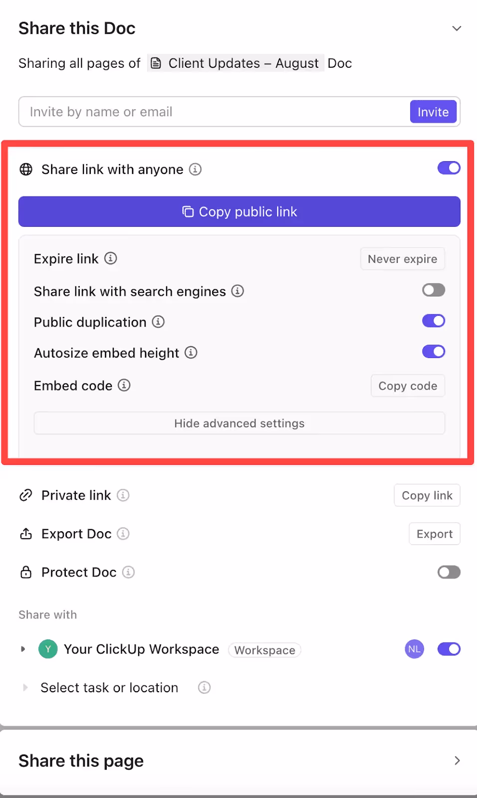Share settings for a public ClickUp Doc