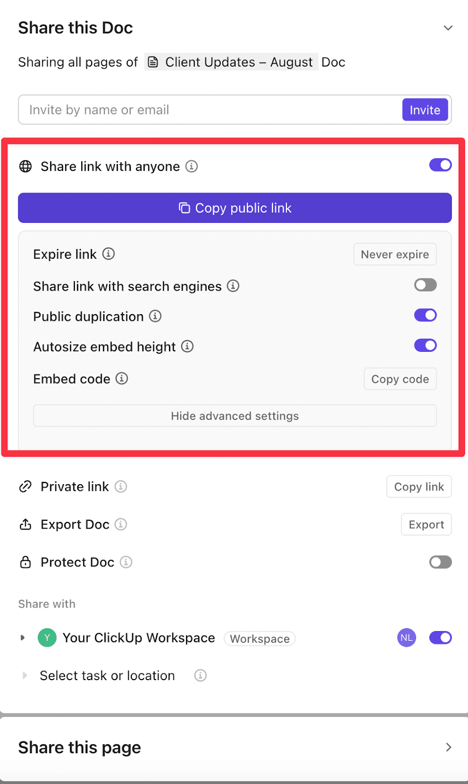 Share settings for a public ClickUp Doc