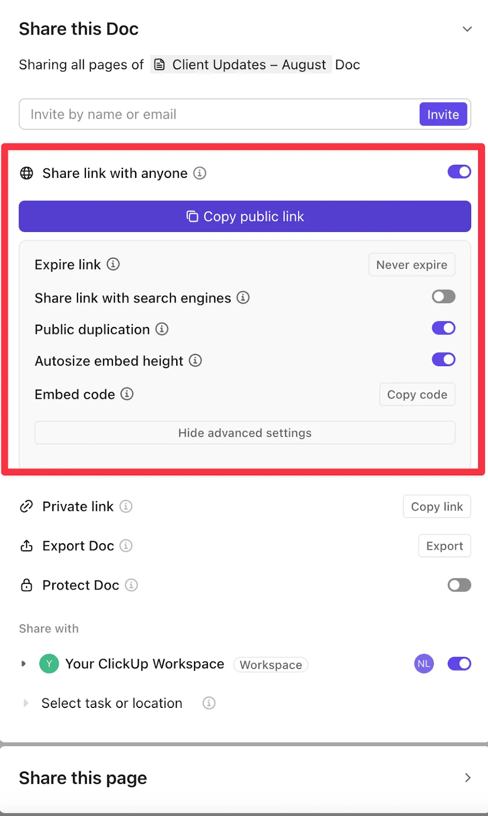 Share settings for a public ClickUp Doc