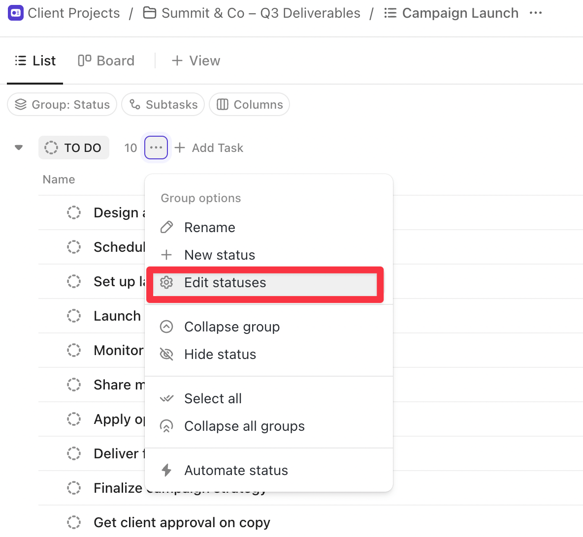 Editing task statuses in ClickUp