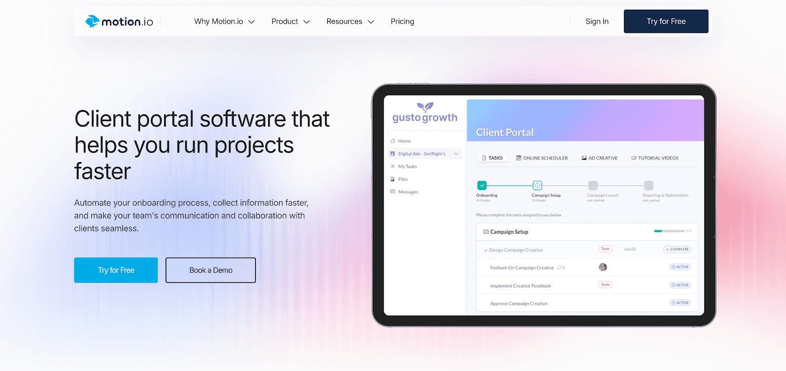 Motion.io homepage showing client portal software