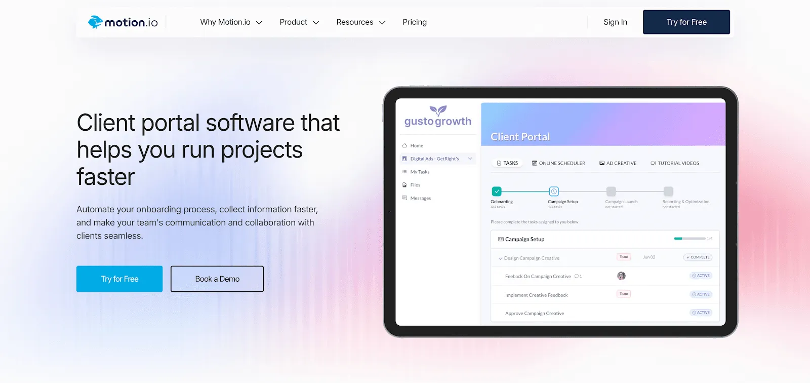 Motion.io homepage showing client portal software