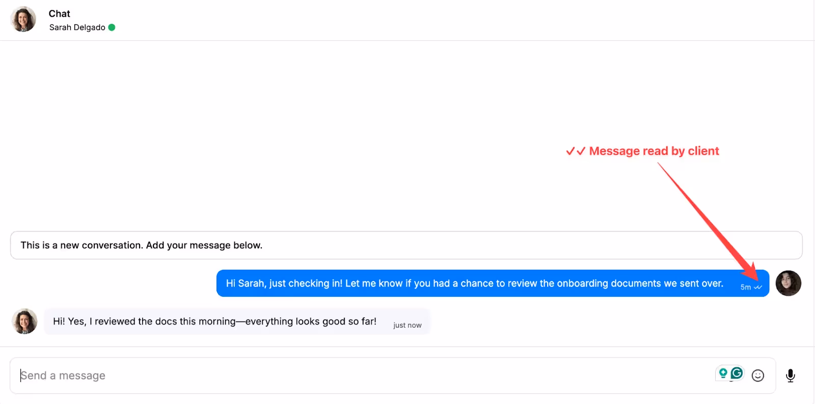 Message Center showing read receipts for client messages