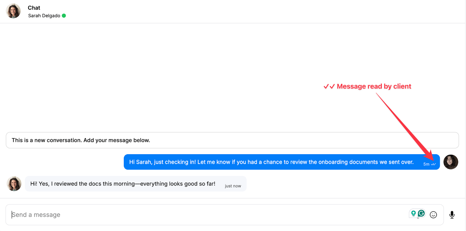 Message Center showing read receipts for client messages