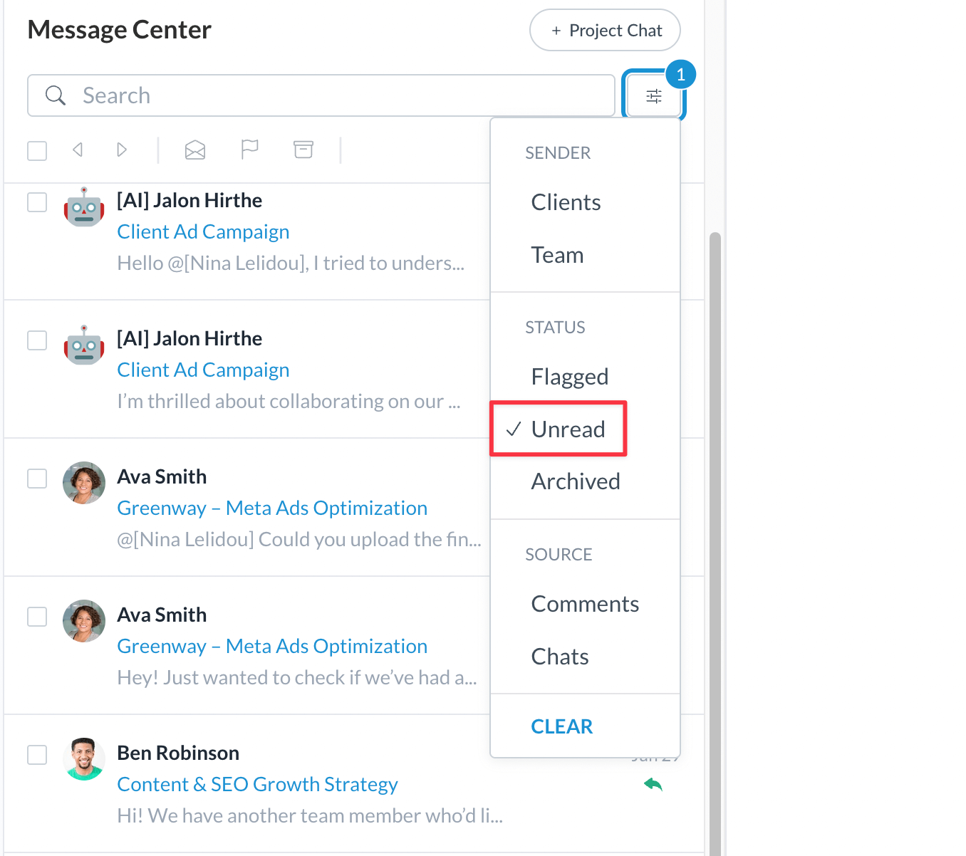 Filtering messages by unread chats in the Motion.io Messsage Center