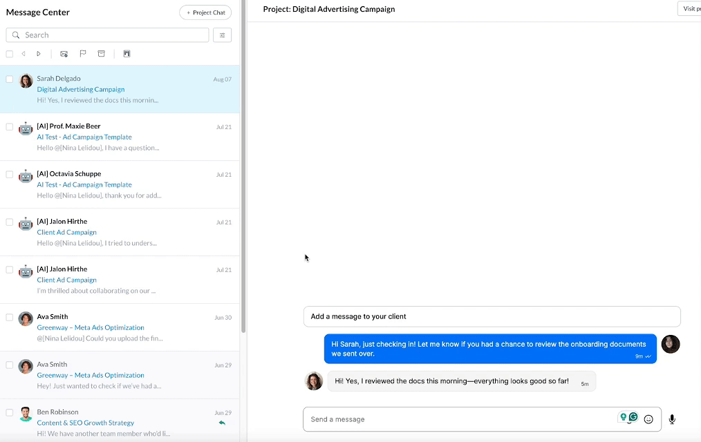 Message Center showing bulk message selection options