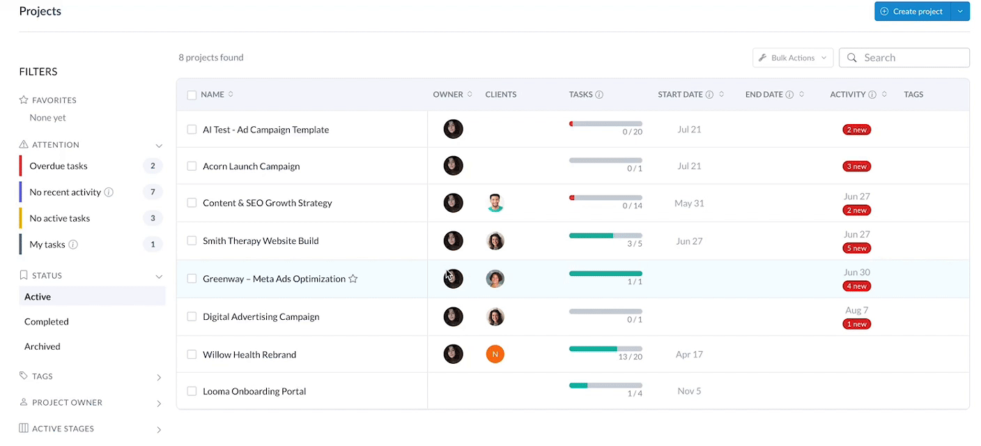 Favoriting a project from the Projects Dashboard in Motion.io