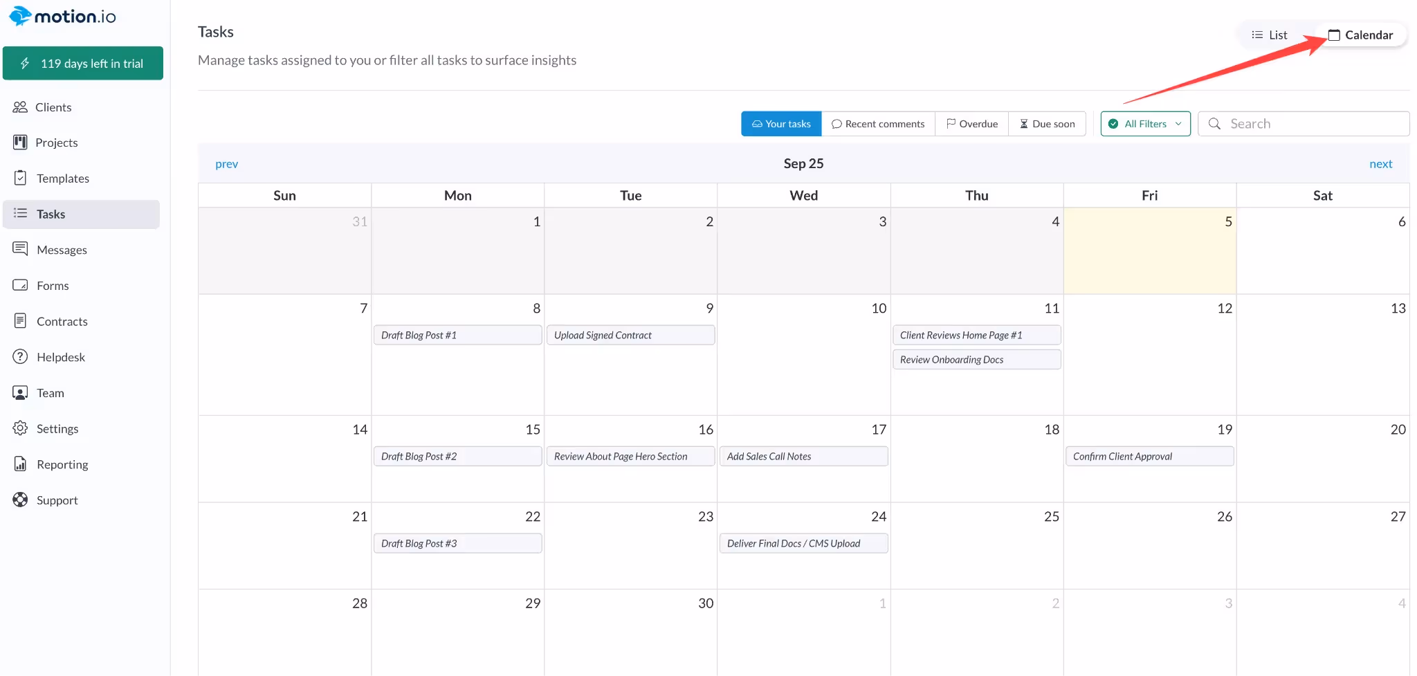 Calendar view in Motion.io showing tasks organized by due date