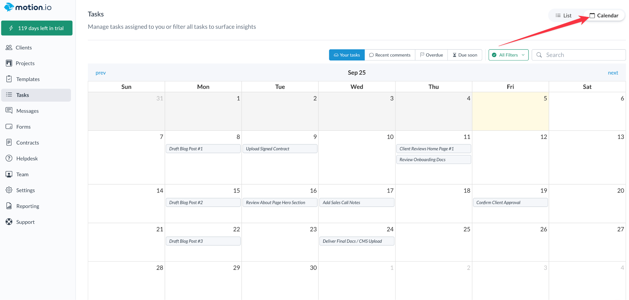 Calendar view in Motion.io showing tasks organized by due date