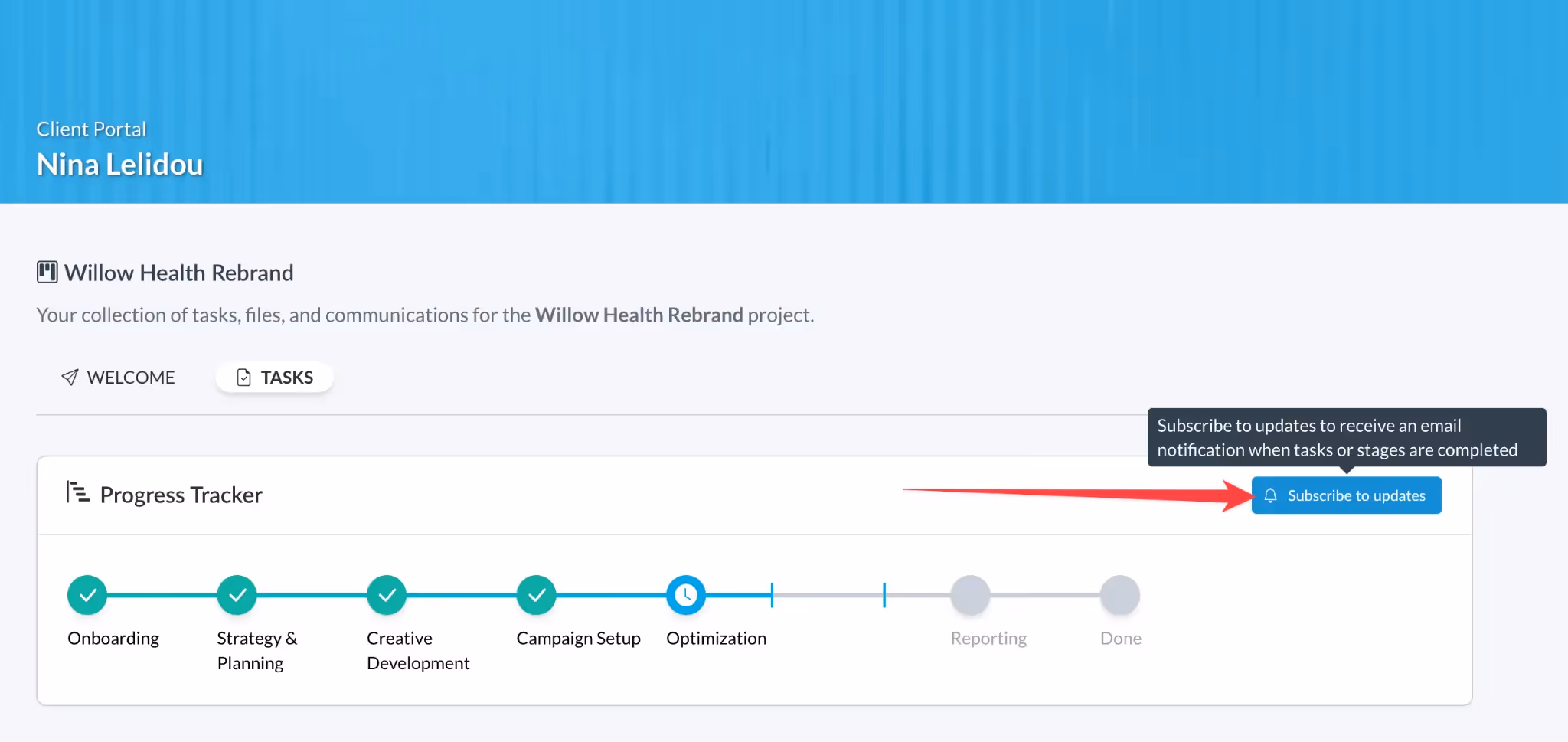 Client subscribing to Motion.io project progress tracker to receive email notifications and updates