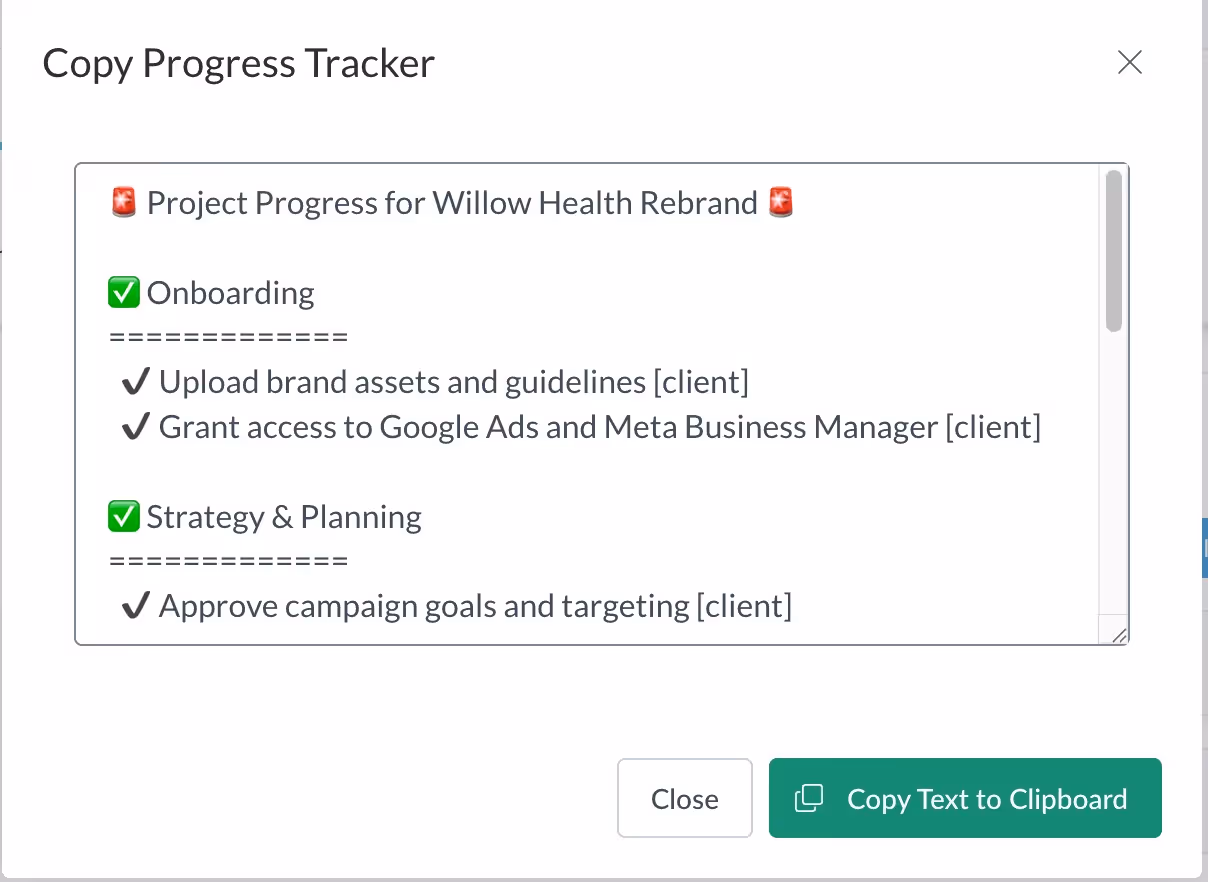 Motion.io progress tracker copied into text form with emojis showing task status