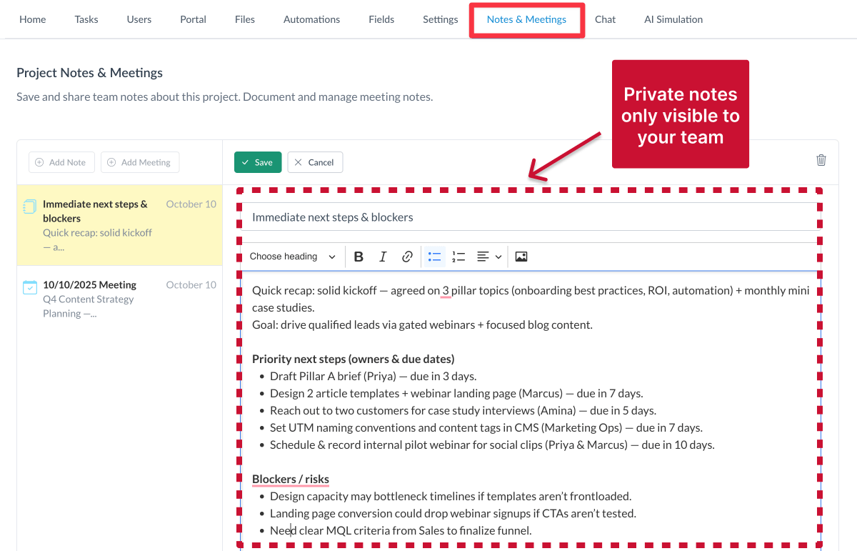private team notes inside projects
