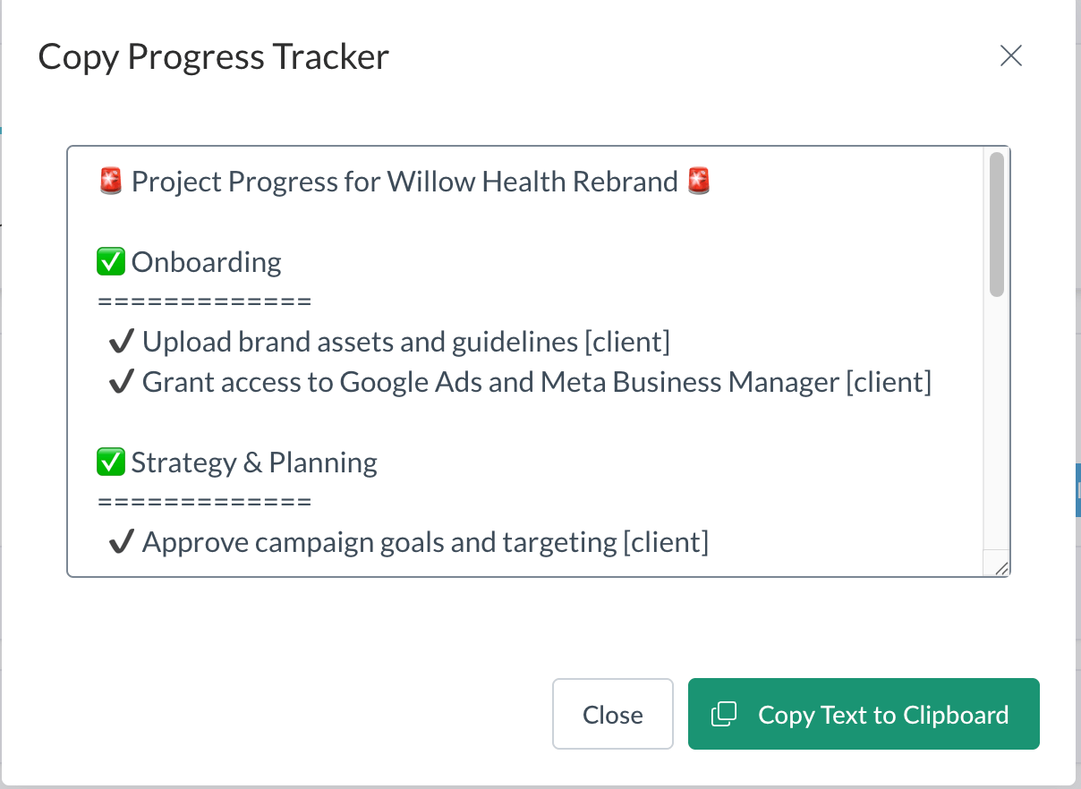 LaunchBay progress tracker copied into text form with emojis showing task status
