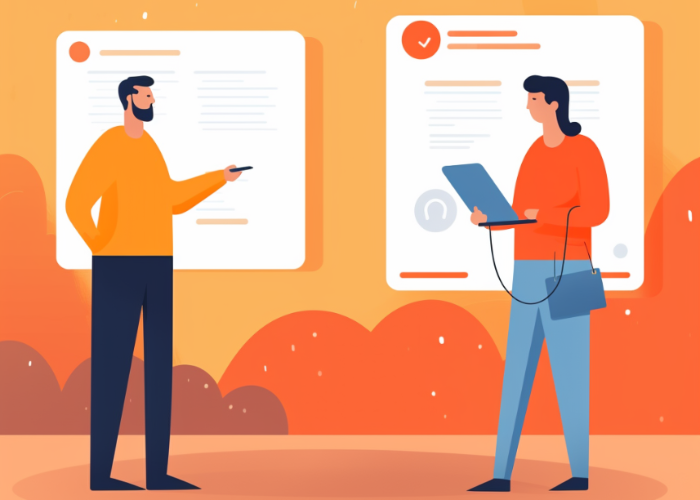 A designer and client examining different designs