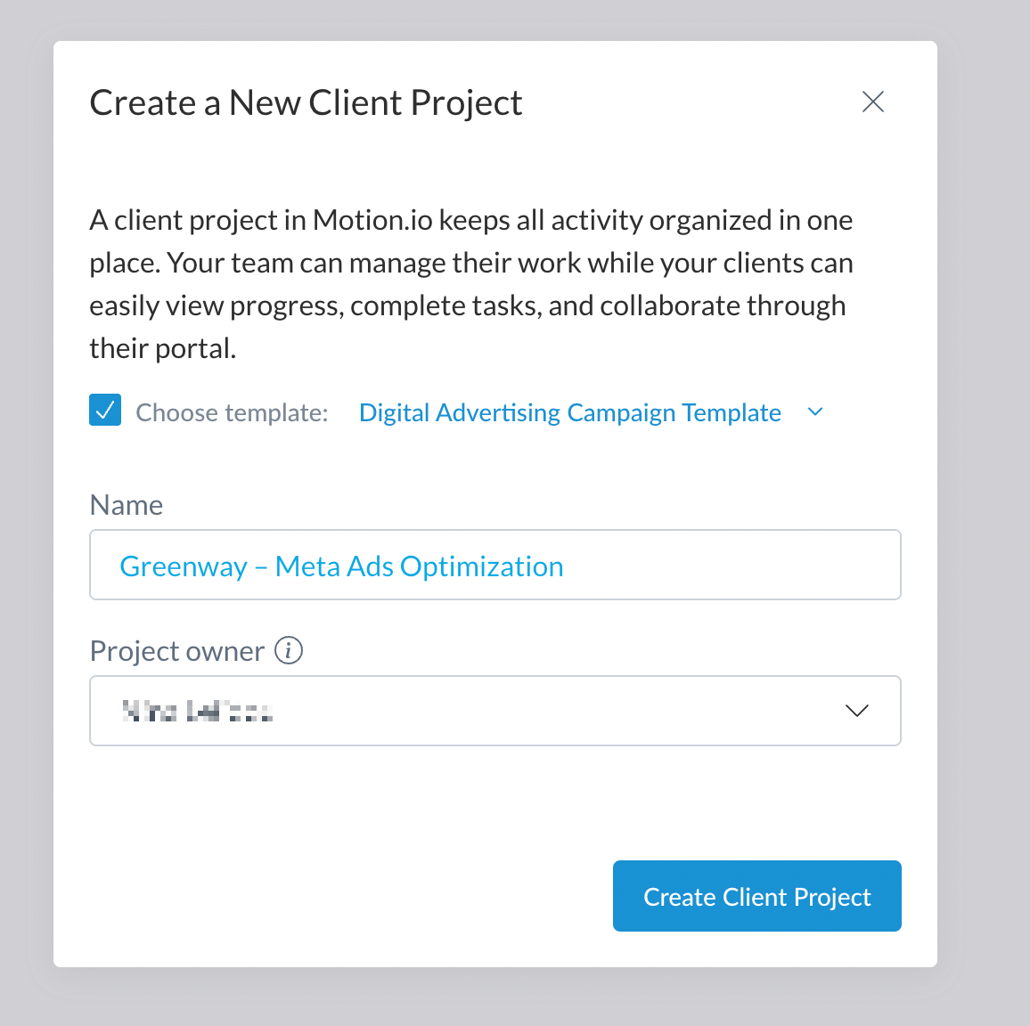 Naming a new client project during project setup in Motion.io