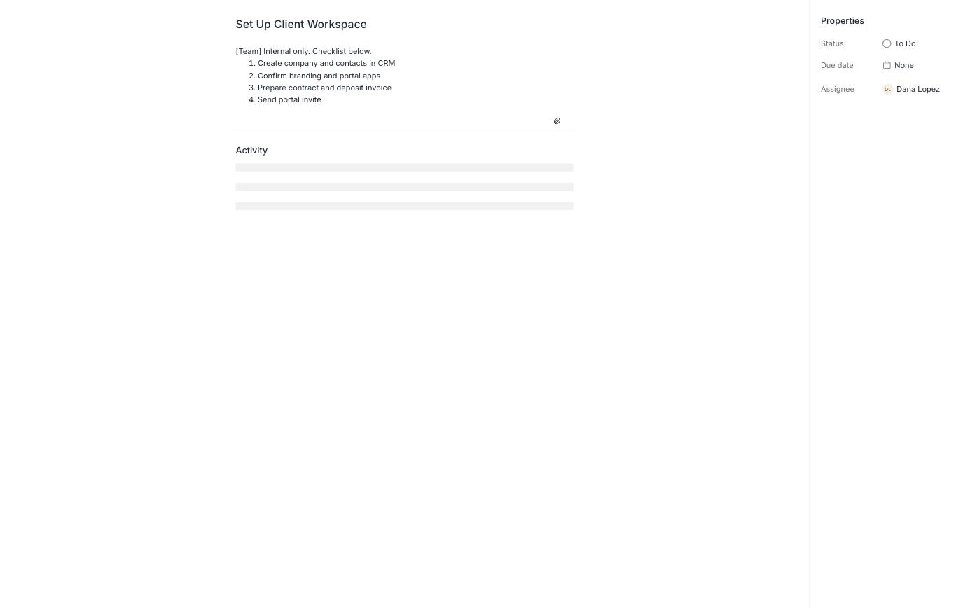 Internal-only Assembly task, Set Up Client Workspace, assigned to the client contact Dana Lopez
