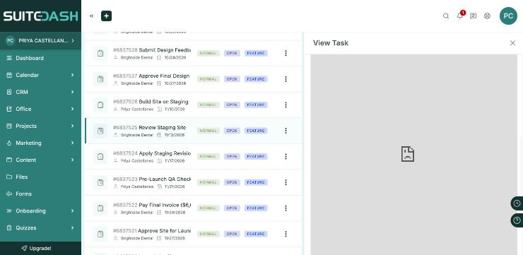 SuiteDash flat task list showing every task categorized as Bug, Feature, or Support with no stage grouping