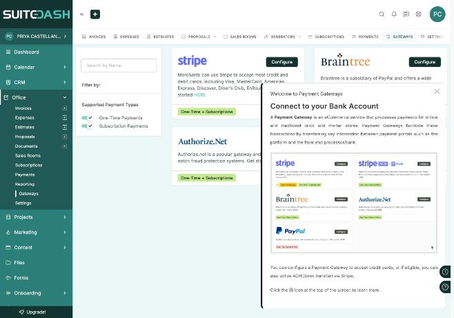 SuiteDash payment gateway settings showing Stripe, Braintree, and Authorize.Net all unconnected