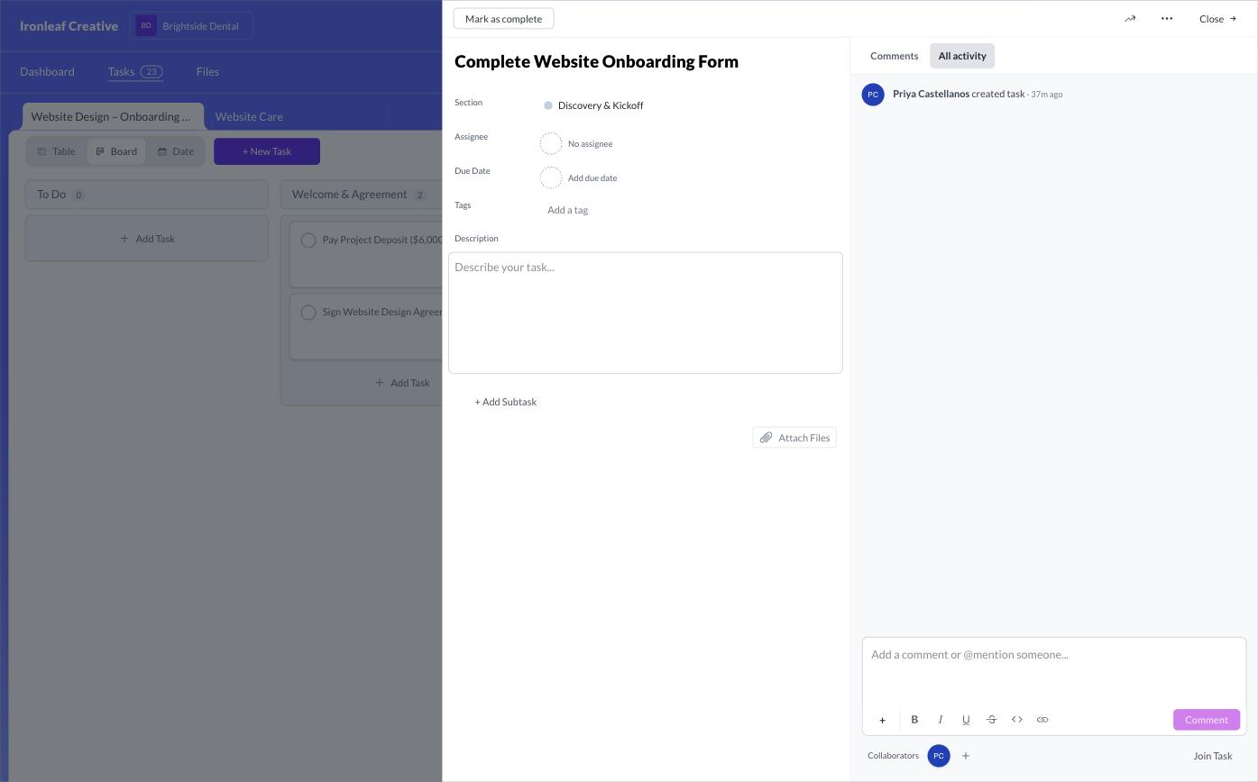 Sydnee task board showing Pay Project Deposit listed before Sign Website Design Agreement, and an empty onboarding form task