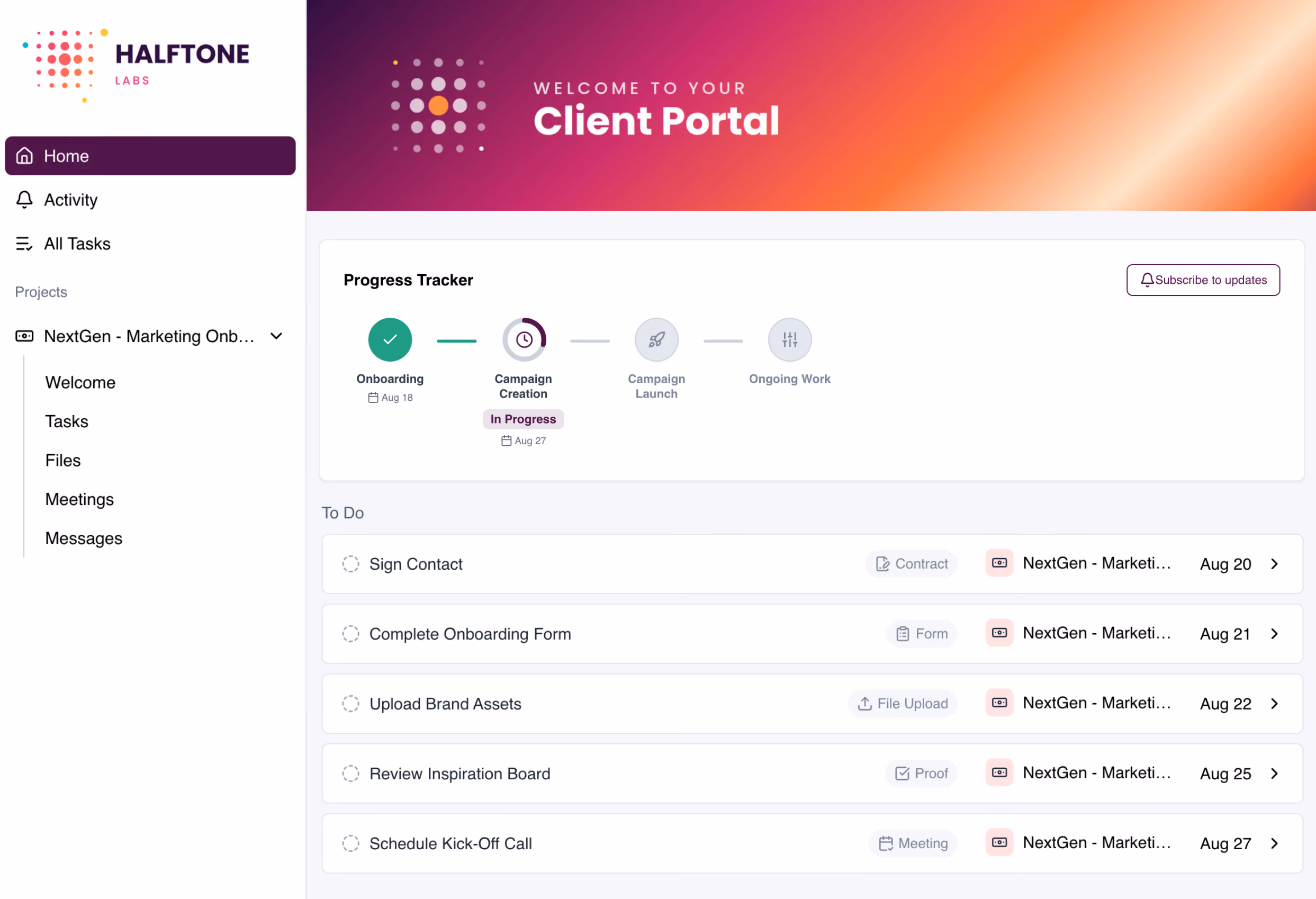 LaunchBay client portal build showing the client task view