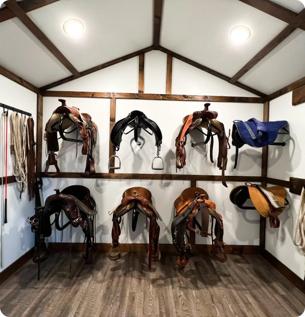 Custom 12x24 wood A-frame horse tack and saddle shed in Northwest Arkansas